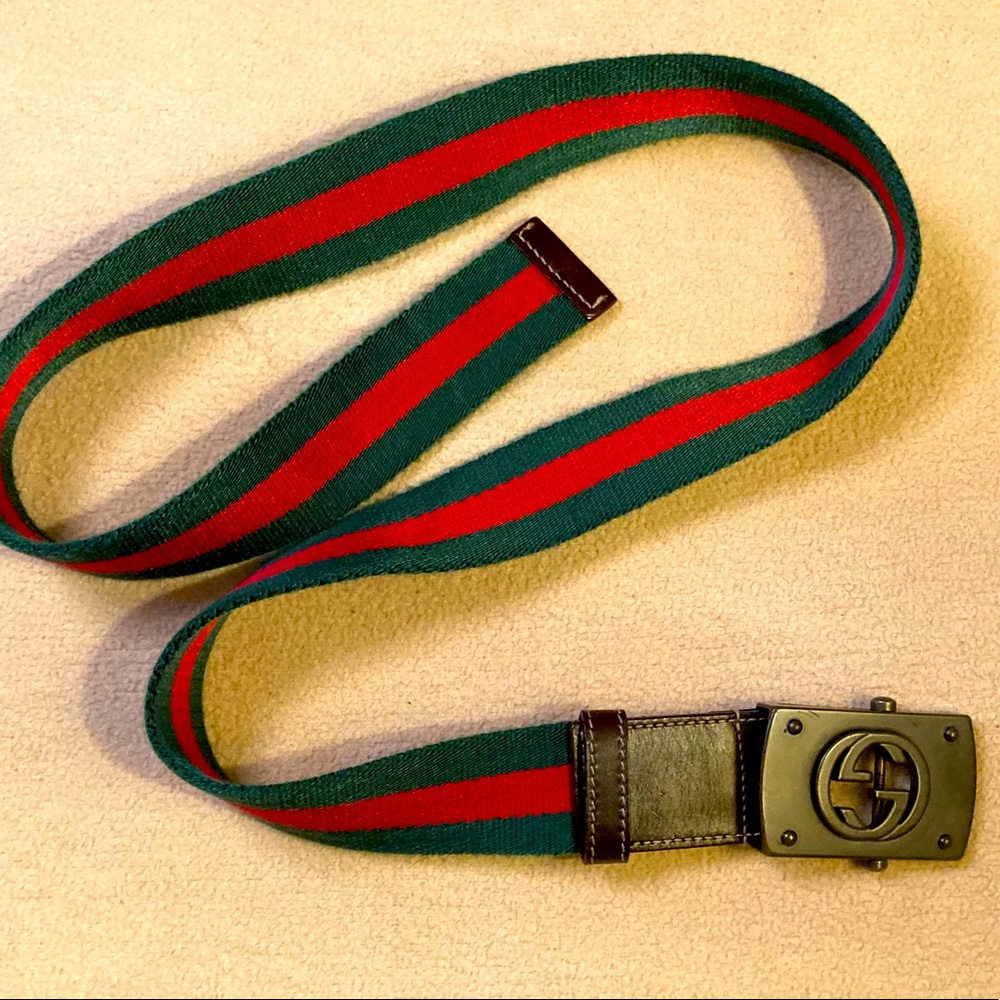 Gucci classic stripe textile belt,red green leather accents, slip bar closure